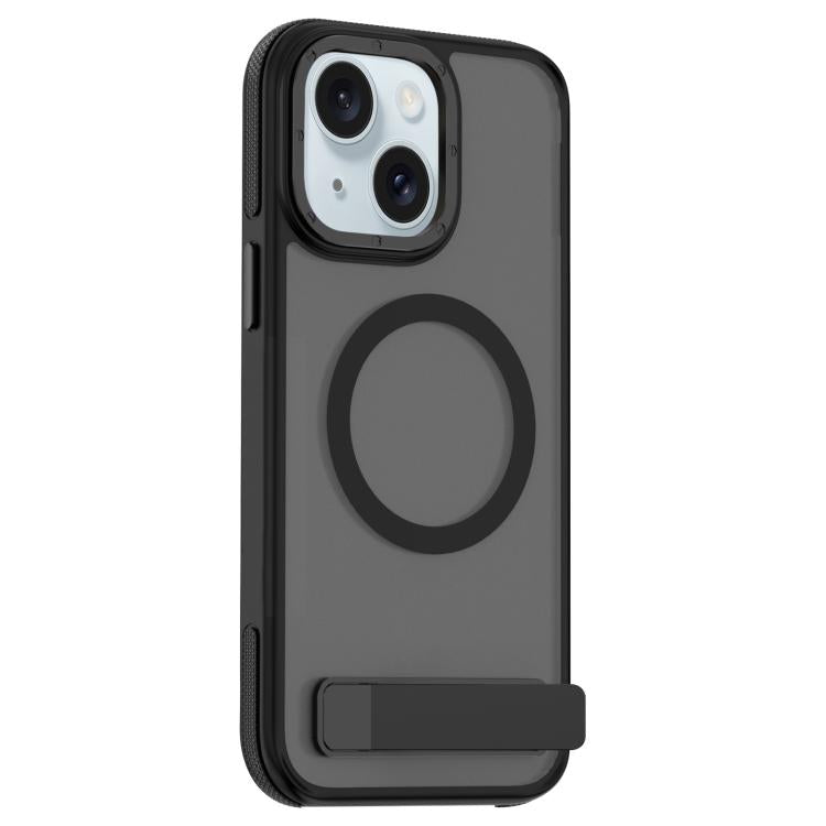 For iPhone 15 Dual-Color Skin Feel Magsafe Phone Case with Holder(Black) - iPhone 15 Cases by buy2fix | Online Shopping UK | buy2fix