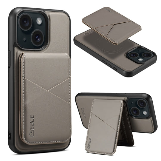 For iPhone 15 ESEBLE E3 Plain Texture Card Slots MagSafe RFID Leather Case(Grey)