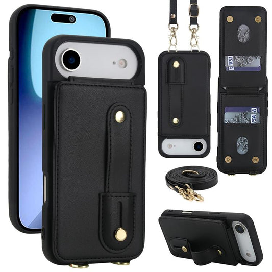 For iPhone Air Wristband Vertical Flip Wallet Back Cover Phone Case with Long Lanyard(Black) - iPhone Air Cases by buy2fix | Online Shopping UK | buy2fix