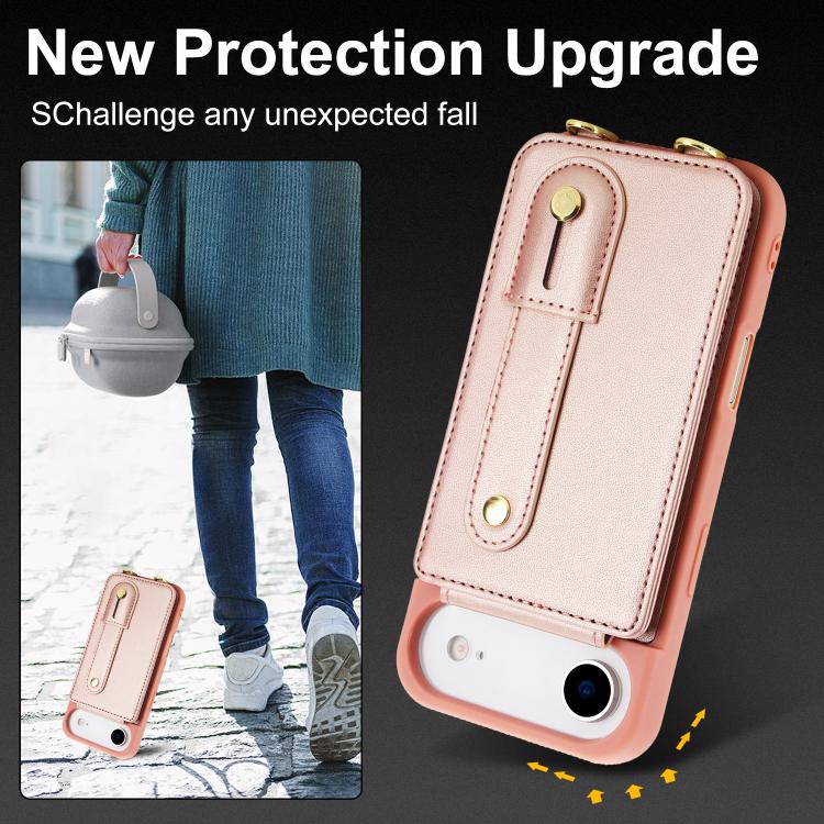 For iPhone Air Wristband Vertical Flip Wallet Back Cover Phone Case with Long Lanyard(Rose Gold) - iPhone Air Cases by buy2fix | Online Shopping UK | buy2fix