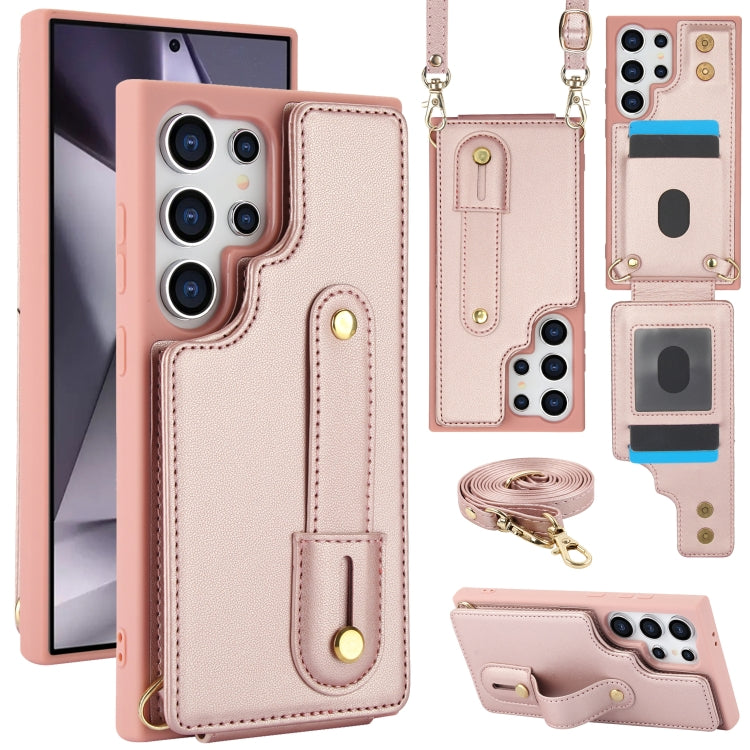 For Samsung Galaxy S25 Ultra 5G Wristband Vertical Flip Wallet Back Cover Phone Case with Long Lanyard(Rose Gold) - Galaxy S25 Ultra 5G Cases by buy2fix | Online Shopping UK | buy2fix