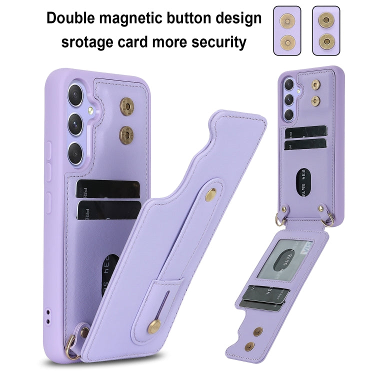 For Samsung Galaxy S25+ 5G Wristband Vertical Flip Wallet Back Cover Phone Case with Long Lanyard(Purple) by buy2fix