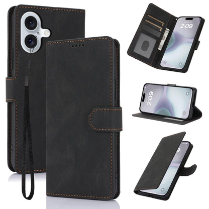 For iPhone 16 Plus Fantasy Skin-feel Calfskin Texture Leather Phone Case(Black) by buy2fix