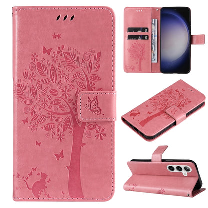 For Samsung Galaxy S25 / S24 5G Tree & Cat Embossed Pattern Flip Leather Phone Case(Pink) by buy2fix