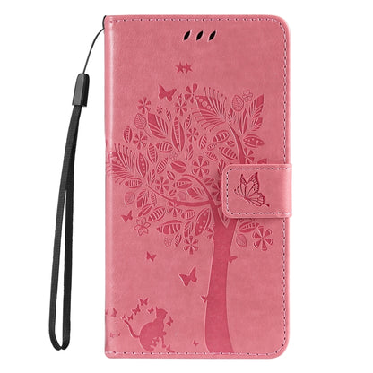 For Samsung Galaxy S25 / S24 5G Tree & Cat Embossed Pattern Flip Leather Phone Case(Pink) by buy2fix