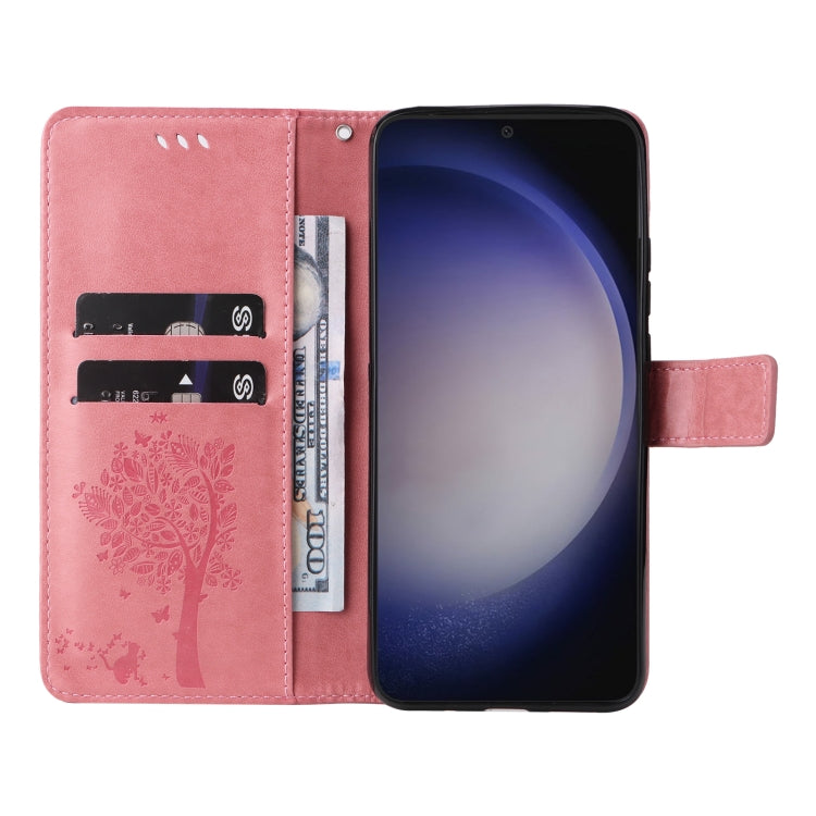 For Samsung Galaxy S25 / S24 5G Tree & Cat Embossed Pattern Flip Leather Phone Case(Pink) by buy2fix