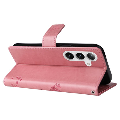 For Samsung Galaxy S25 / S24 5G Tree & Cat Embossed Pattern Flip Leather Phone Case(Pink) by buy2fix
