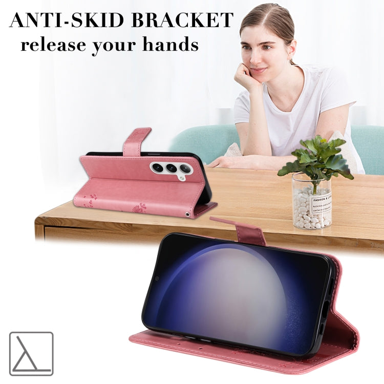 For Samsung Galaxy S25+ / S24+ 5G Tree & Cat Embossed Pattern Flip Leather Phone Case(Pink) by buy2fix