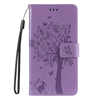 For Samsung Galaxy S25+ / S24+ 5G Tree & Cat Embossed Pattern Flip Leather Phone Case(Light Purple) - Galaxy S25+ 5G Cases by buy2fix | Online Shopping UK | buy2fix