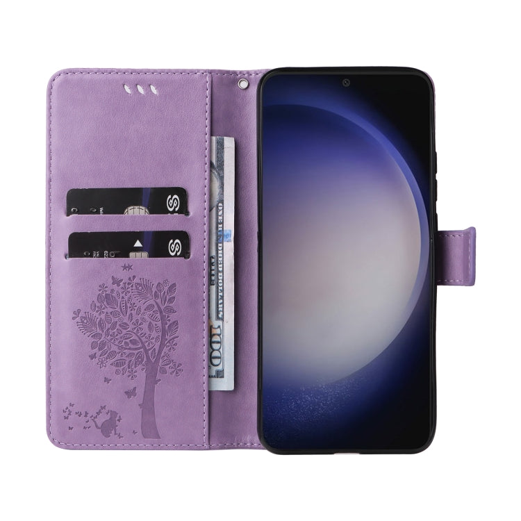 For Samsung Galaxy S25+ / S24+ 5G Tree & Cat Embossed Pattern Flip Leather Phone Case(Light Purple) - Galaxy S25+ 5G Cases by buy2fix | Online Shopping UK | buy2fix