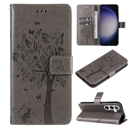 For Samsung Galaxy S25+ / S24+ 5G Tree & Cat Embossed Pattern Flip Leather Phone Case(Grey) by buy2fix