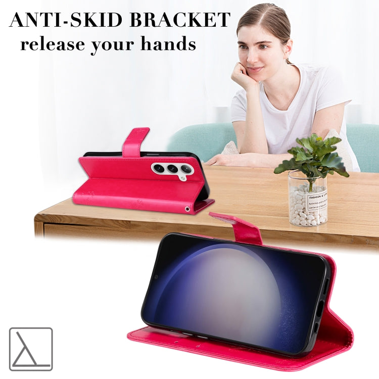 For Samsung Galaxy S25+ / S24+ 5G Tree & Cat Embossed Pattern Flip Leather Phone Case(Rose Red) by buy2fix