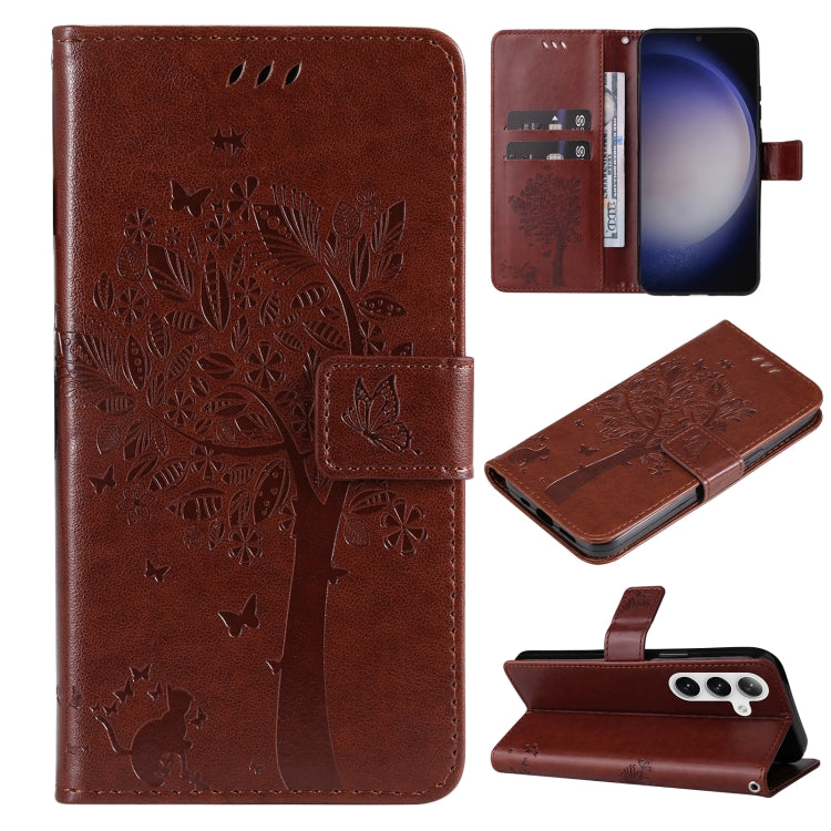 For Samsung Galaxy S25+ / S24+ 5G Tree & Cat Embossed Pattern Flip Leather Phone Case(Coffee) by buy2fix
