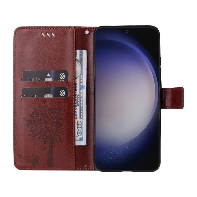 For Samsung Galaxy S25+ / S24+ 5G Tree & Cat Embossed Pattern Flip Leather Phone Case(Coffee) by buy2fix