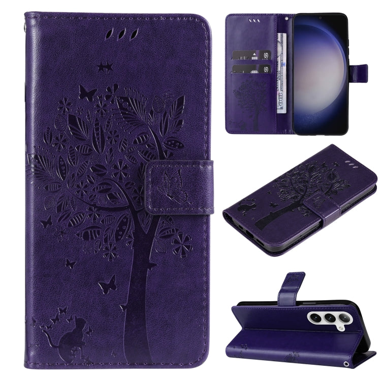 For Samsung Galaxy S25+ / S24+ 5G Tree & Cat Embossed Pattern Flip Leather Phone Case(Purple) by buy2fix