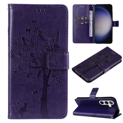 For Samsung Galaxy S25+ / S24+ 5G Tree & Cat Embossed Pattern Flip Leather Phone Case(Purple) by buy2fix