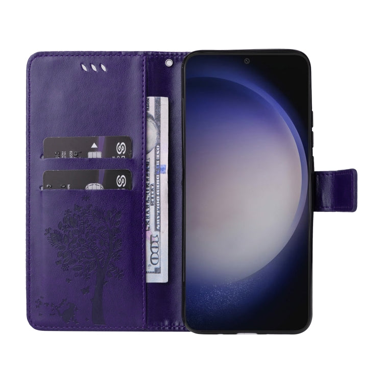 For Samsung Galaxy S25+ / S24+ 5G Tree & Cat Embossed Pattern Flip Leather Phone Case(Purple) by buy2fix