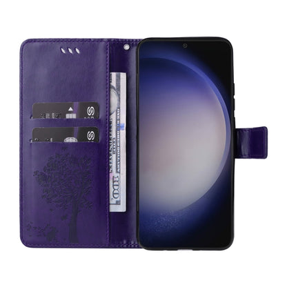 For Samsung Galaxy S25+ / S24+ 5G Tree & Cat Embossed Pattern Flip Leather Phone Case(Purple) by buy2fix