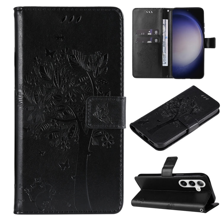 For Samsung Galaxy S25+ / S24+ 5G Tree & Cat Embossed Pattern Flip Leather Phone Case(Black) - Galaxy S25+ 5G Cases by buy2fix | Online Shopping UK | buy2fix