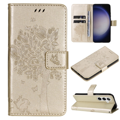 For Samsung Galaxy S25+ / S24+ 5G Tree & Cat Embossed Pattern Flip Leather Phone Case(Gold) by buy2fix