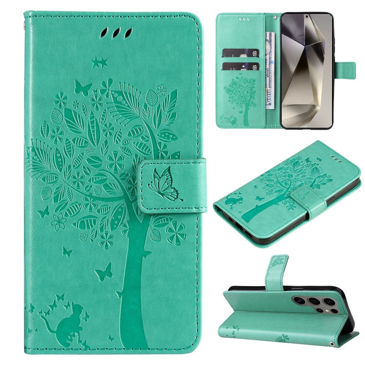 For Samsung Galaxy S25 Ultra 5G Tree & Cat Embossed Pattern Flip Leather Phone Case(Green) by buy2fix