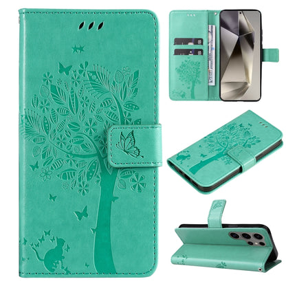 For Samsung Galaxy S25 Ultra 5G Tree & Cat Embossed Pattern Flip Leather Phone Case(Green) by buy2fix