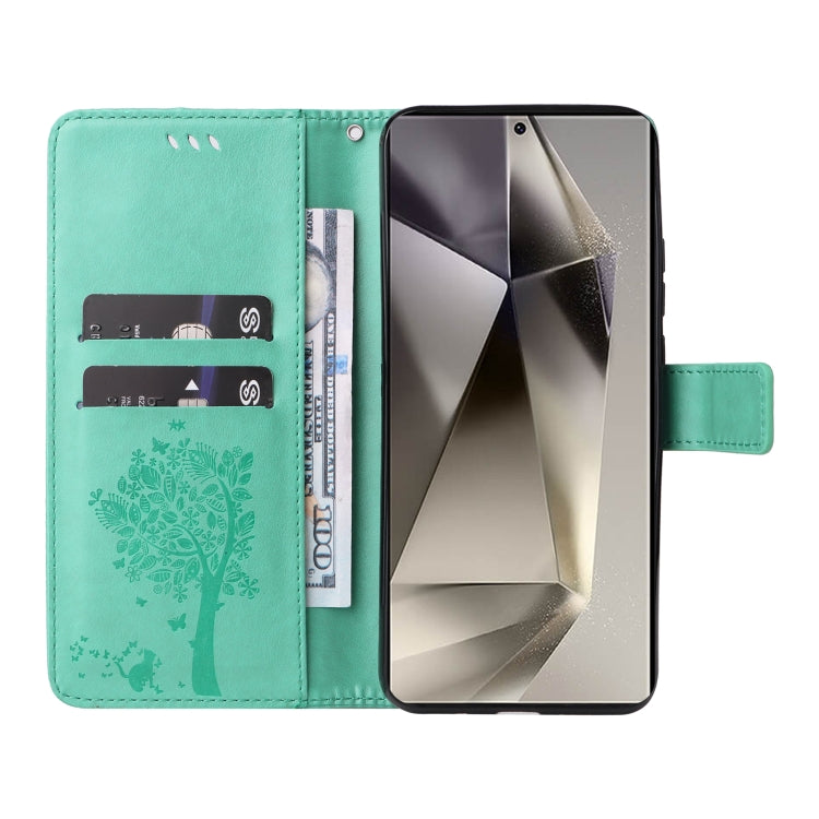 For Samsung Galaxy S25 Ultra 5G Tree & Cat Embossed Pattern Flip Leather Phone Case(Green) by buy2fix