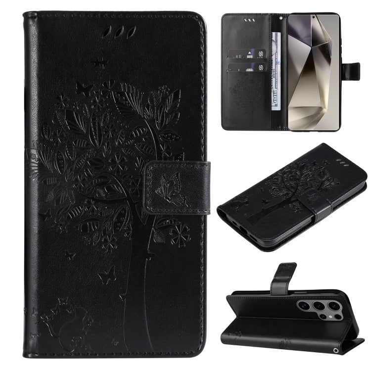 For Samsung Galaxy S25 Ultra 5G Tree & Cat Embossed Pattern Flip Leather Phone Case(Black) - Galaxy S25 Ultra 5G Cases by buy2fix | Online Shopping UK | buy2fix