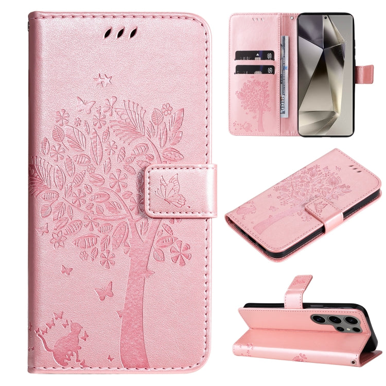 For Samsung Galaxy S25 Ultra 5G Tree & Cat Embossed Pattern Flip Leather Phone Case(Rose Gold) - Galaxy S25 Ultra 5G Cases by buy2fix | Online Shopping UK | buy2fix