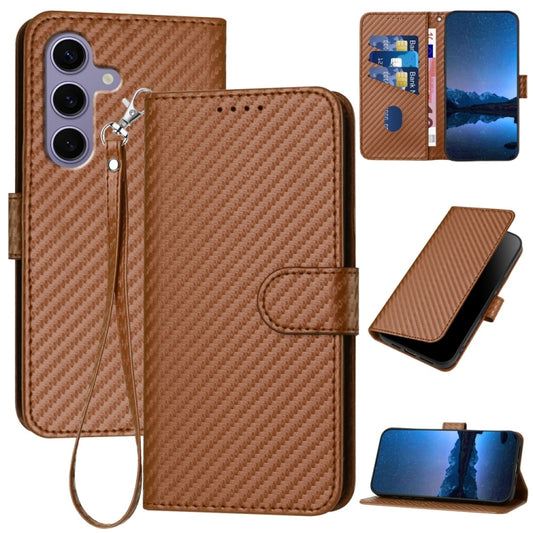 For Samsung Galaxy S25 5G YX0070 Carbon Fiber Buckle Leather Phone Case with Lanyard(Coffee) by buy2fix
