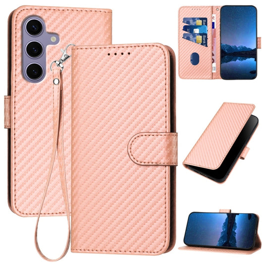For Samsung Galaxy S25 5G YX0070 Carbon Fiber Buckle Leather Phone Case with Lanyard(Pink) by buy2fix