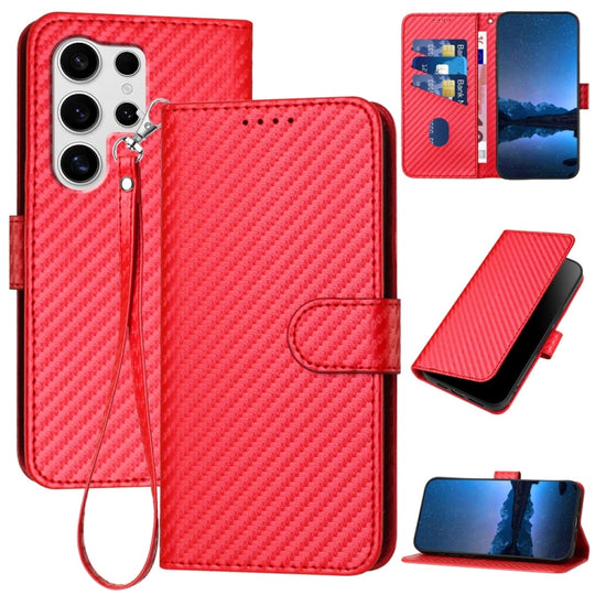 For Samsung Galaxy S25 Ultra 5G YX0070 Carbon Fiber Buckle Leather Phone Case with Lanyard(Red)