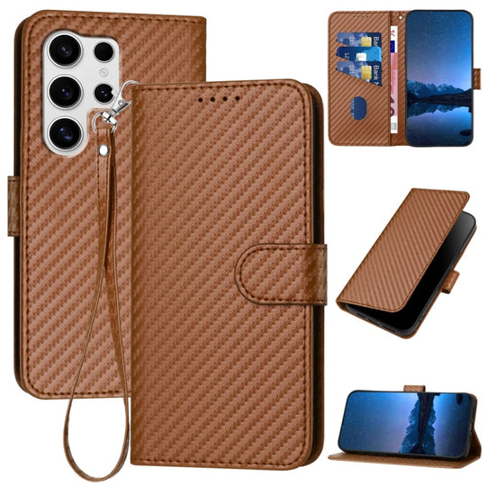 For Samsung Galaxy S25 Ultra 5G YX0070 Carbon Fiber Buckle Leather Phone Case with Lanyard(Coffee)