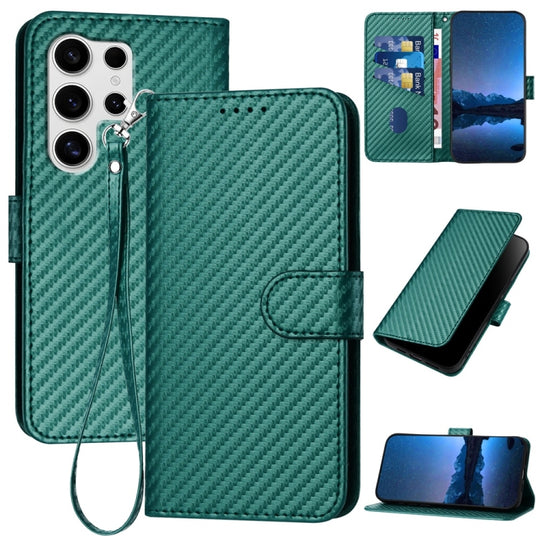 For Samsung Galaxy S25 Ultra 5G YX0070 Carbon Fiber Buckle Leather Phone Case with Lanyard(Dark Green)