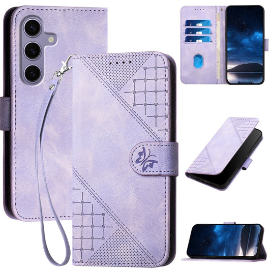 For Samsung Galaxy S25 5G Grid Butterfly Embossed Pattern Leather Phone Case with Lanyard(Light Purple) by buy2fix