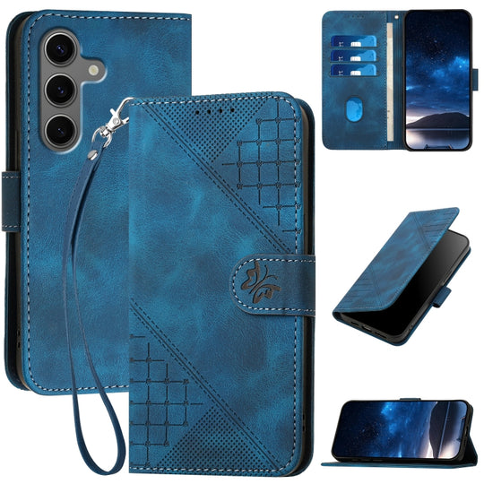 For Samsung Galaxy S25+ 5G Grid Butterfly Embossed Pattern Leather Phone Case with Lanyard(Dark Blue)