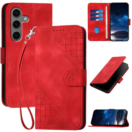 For Samsung Galaxy S25+ 5G Grid Butterfly Embossed Pattern Leather Phone Case with Lanyard(Red)