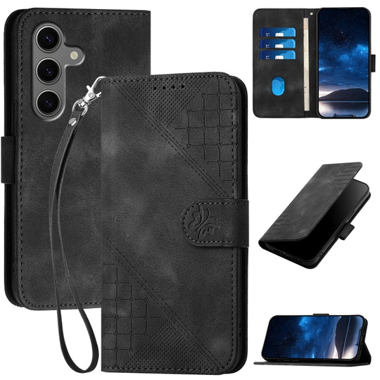For Samsung Galaxy S25+ 5G Grid Butterfly Embossed Pattern Leather Phone Case with Lanyard(Black)