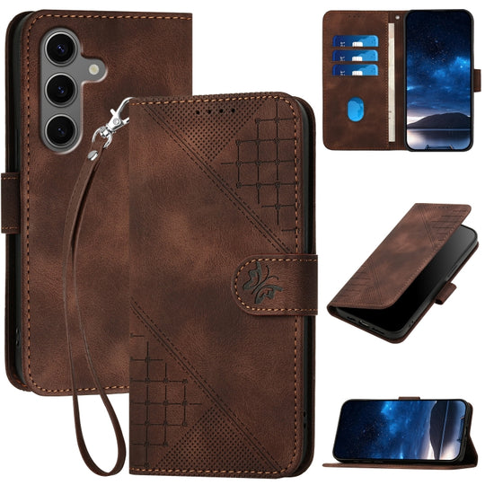 For Samsung Galaxy S25+ 5G Grid Butterfly Embossed Pattern Leather Phone Case with Lanyard(Coffee)