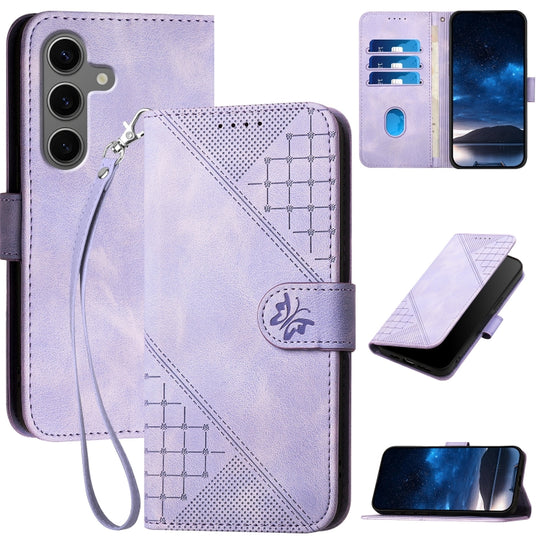 For Samsung Galaxy S25+ 5G Grid Butterfly Embossed Pattern Leather Phone Case with Lanyard(Light Purple)