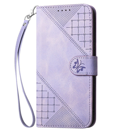 For Samsung Galaxy S25+ 5G Grid Butterfly Embossed Pattern Leather Phone Case with Lanyard(Light Purple) by buy2fix