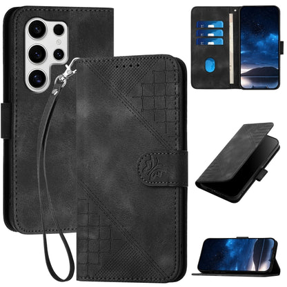 For Samsung Galaxy S25 Ultra 5G Grid Butterfly Embossed Pattern Leather Phone Case with Lanyard(Black) by buy2fix