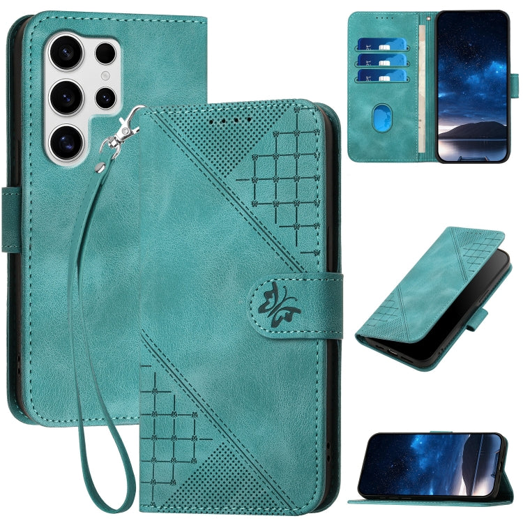 For Samsung Galaxy S25 Ultra 5G YX0080 Grid Butterfly Embossed Pattern Flip Leather Phone Case with Lanyard(Light Blue) - Galaxy S25 Ultra 5G Cases by buy2fix | Online Shopping UK | buy2fix