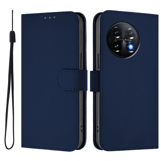For OnePlus 11 Skin Feel Solid Color Leather Phone Case with Lanyard(Navy Blue) by buy2fix