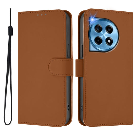 For OnePlus 12 5G Global Skin Feel Solid Color Leather Phone Case with Lanyard(Brown) by buy2fix