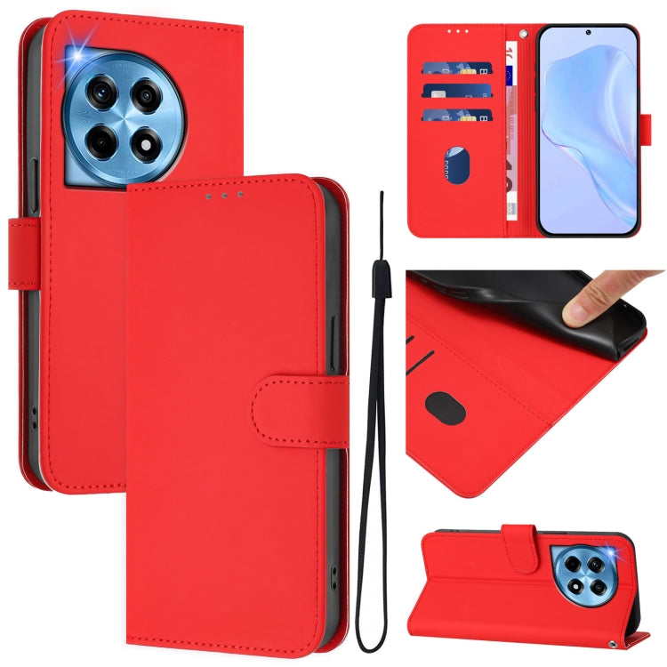 For OnePlus 12 5G Global Skin Feel Solid Color Leather Phone Case with Lanyard(Red) by buy2fix