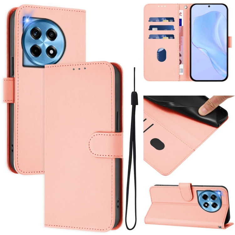 For OnePlus 12 5G Global Skin Feel Solid Color Leather Phone Case with Lanyard(Pink) by buy2fix
