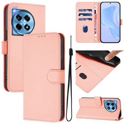 For OnePlus 12 5G Global Skin Feel Solid Color Leather Phone Case with Lanyard(Pink) by buy2fix