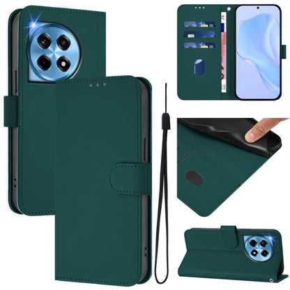 For OnePlus 12 5G Global Skin Feel Solid Color Leather Phone Case with Lanyard(Dark Green) by buy2fix