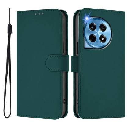 For OnePlus 12 5G Global Skin Feel Solid Color Leather Phone Case with Lanyard(Dark Green) by buy2fix